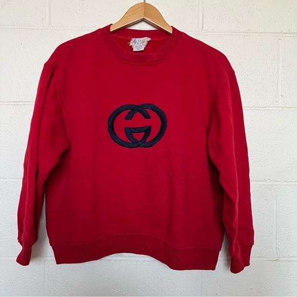 Vintage Gucci Red Crewneck Sweatshirt with Navy Embroidered GG Logo-Medium - Picture 1 of 8